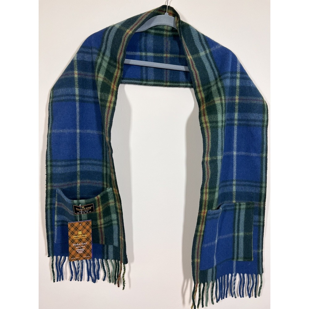 Patrick King Merino Blue Wool Pocket Scarf Nova Scotia Tartan Plaid Fringe NWT